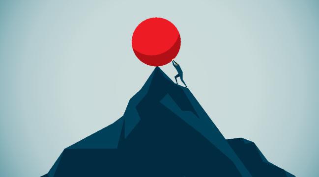Eine Zeichnung zeigt, wie ein Mann einen riesigen roten Ball auf die Spitze eines schwarzen Berges rollt