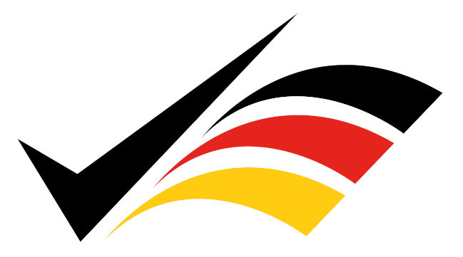  Häkchen aus dem etwas versetzt drei horizontal angeordnete Bögen entspringen. Das Häkchen ist schwarz und die drei Bögen analog zur Bundesflagge gefärbt.