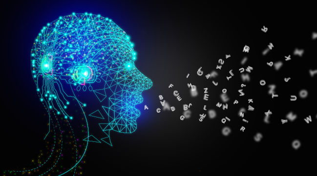Eine als menschlicher Kopf visualisierte Künstliche Intelligenz produziert beim Sprechen einen Strom von Buchstaben.